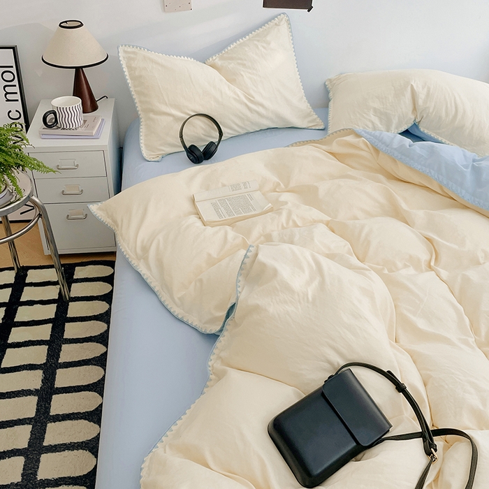 91家纺网 家纺一手货源 找家纺 思诺羽床笠 2025新款水洗棉贝壳边四件套系列 贝壳边+月光白+海盐蓝