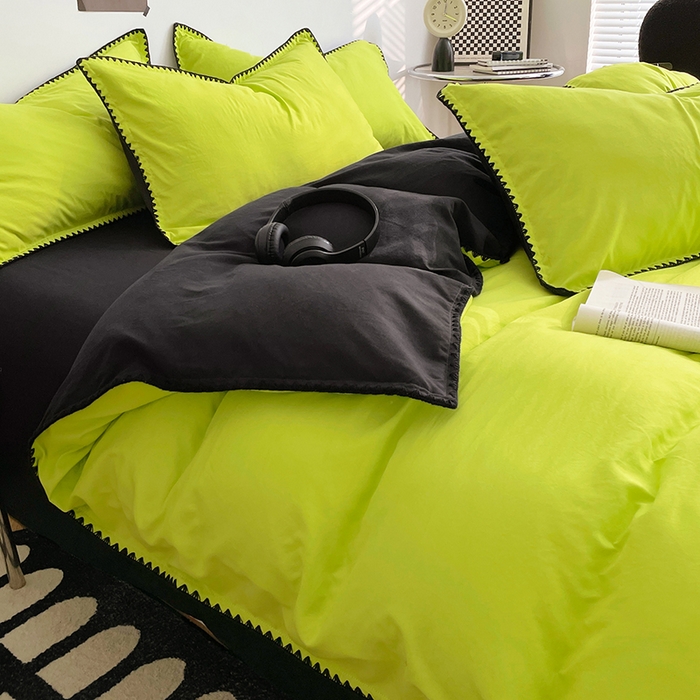 91家纺网 家纺一手货源 找家纺 思诺羽床笠 2025新款水洗棉贝壳边四件套系列 贝壳边+荧光绿+暗夜灰