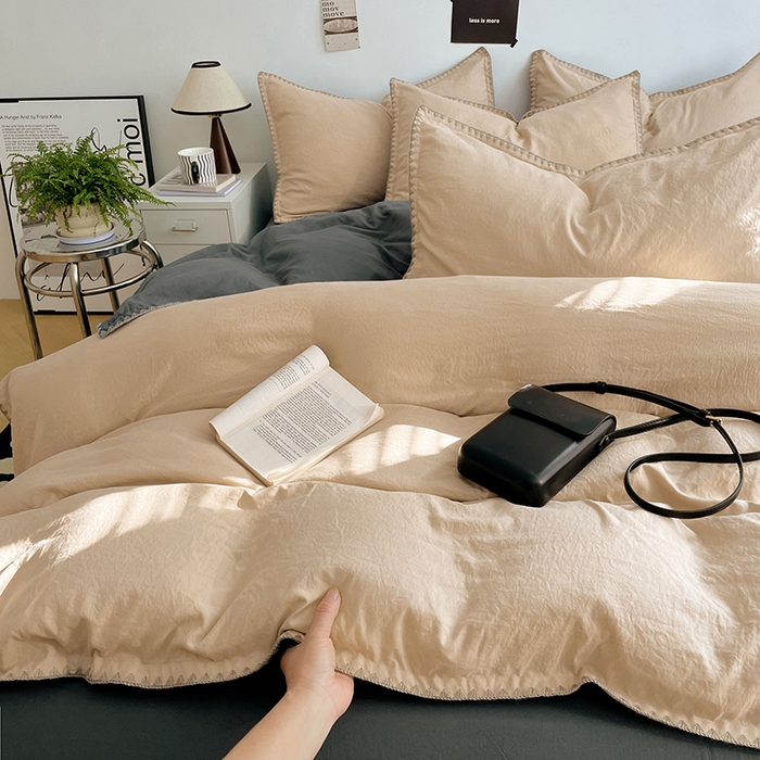 91家纺网 家纺一手货源 找家纺 思诺羽床笠 2025新款水洗棉贝壳边四件套系列 贝壳边+卡其深灰