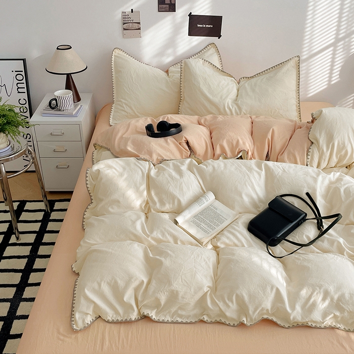 91家纺网 家纺一手货源 找家纺 思诺羽床笠 2025新款水洗棉贝壳边四件套系列 贝壳边-奶油黄+浅米咖