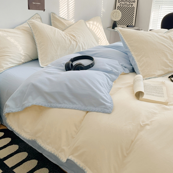 91家纺网 家纺一手货源 找家纺 思诺羽床笠 2025新款水洗棉贝壳边四件套系列 贝壳边+月光白+海盐蓝