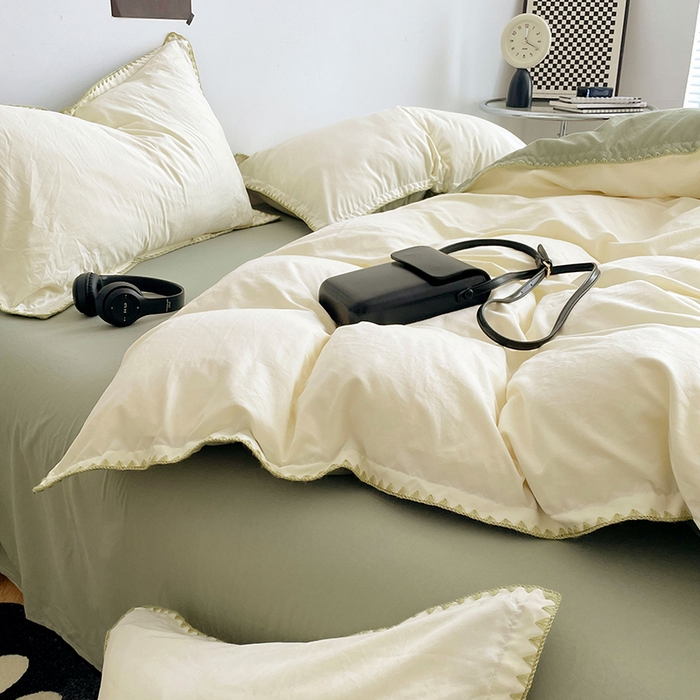 91家纺网 家纺一手货源 找家纺 思诺羽床笠 2025新款水洗棉贝壳边四件套系列 贝壳边-贝壳白+抹茶绿