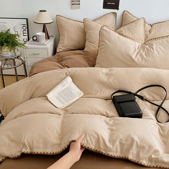 91家纺网 家纺一手货源 找家纺 思诺羽床笠 2025新款水洗棉贝壳边四件套系列 贝壳边+浅卡其+深咖