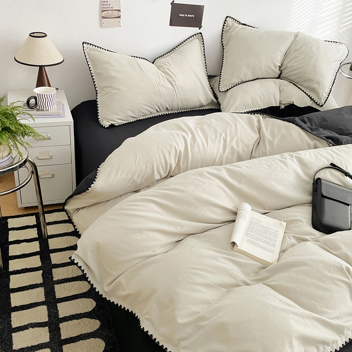 91家纺网 家纺一手货源 找家纺 思诺羽床笠 2025新款水洗棉贝壳边四件套系列 贝壳边+奶油白+暗夜灰