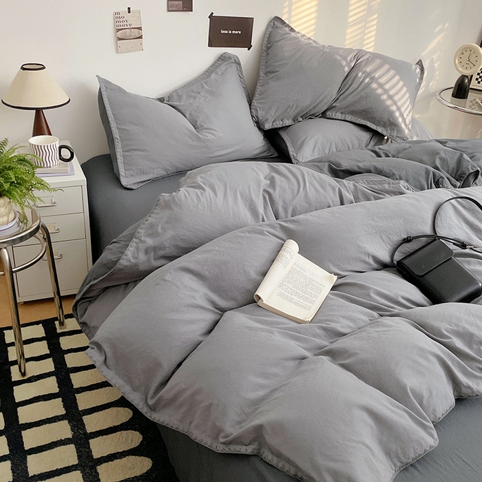 91家纺网 家纺一手货源 找家纺 思诺羽床笠 2025新款水洗棉贝壳边四件套系列 贝壳边+浅深灰