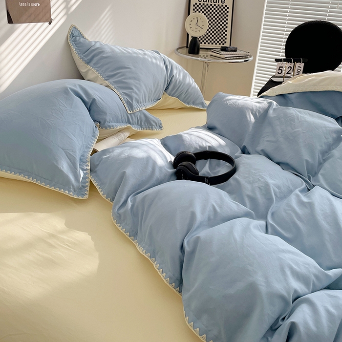 91家纺网 家纺一手货源 找家纺 思诺羽床笠 2025新款水洗棉贝壳边四件套系列 贝壳边-海盐蓝+奶油黄