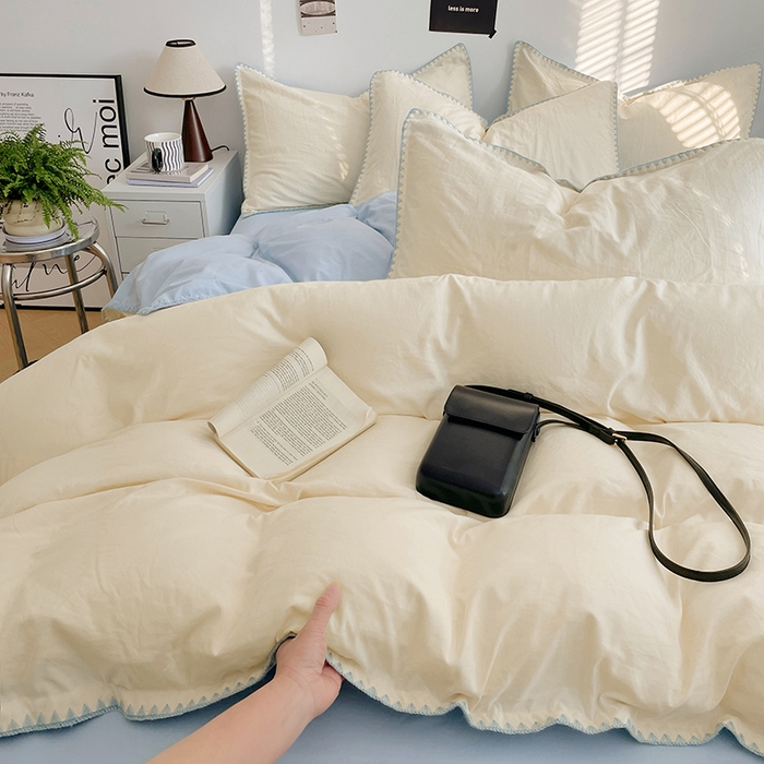 91家纺网 家纺一手货源 找家纺 思诺羽床笠 2025新款水洗棉贝壳边四件套系列 贝壳边+月光白+海盐蓝