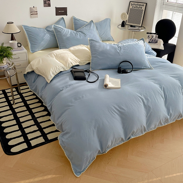 91家纺网 家纺一手货源 找家纺 思诺羽床笠 2025新款水洗棉贝壳边四件套系列 贝壳边-海盐蓝+奶油黄