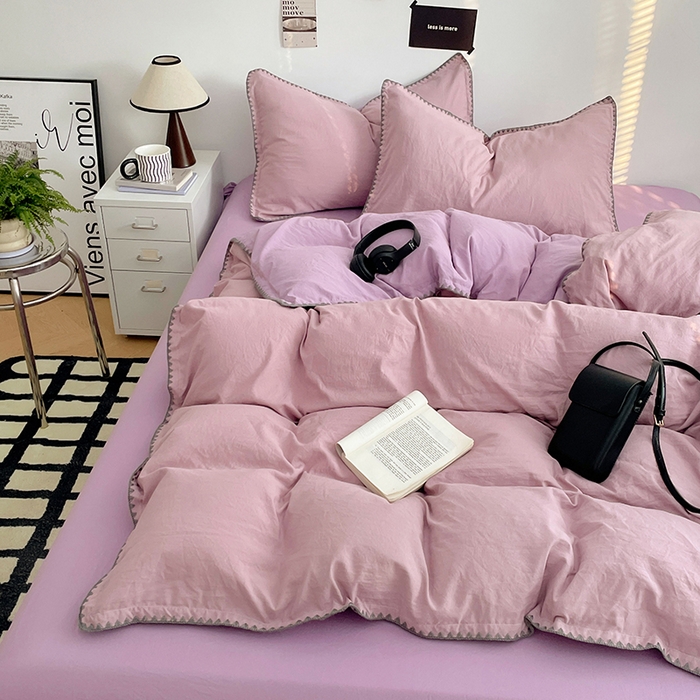 91家纺网 家纺一手货源 找家纺 思诺羽床笠 2025新款水洗棉贝壳边四件套系列 贝壳边-浅紫深紫