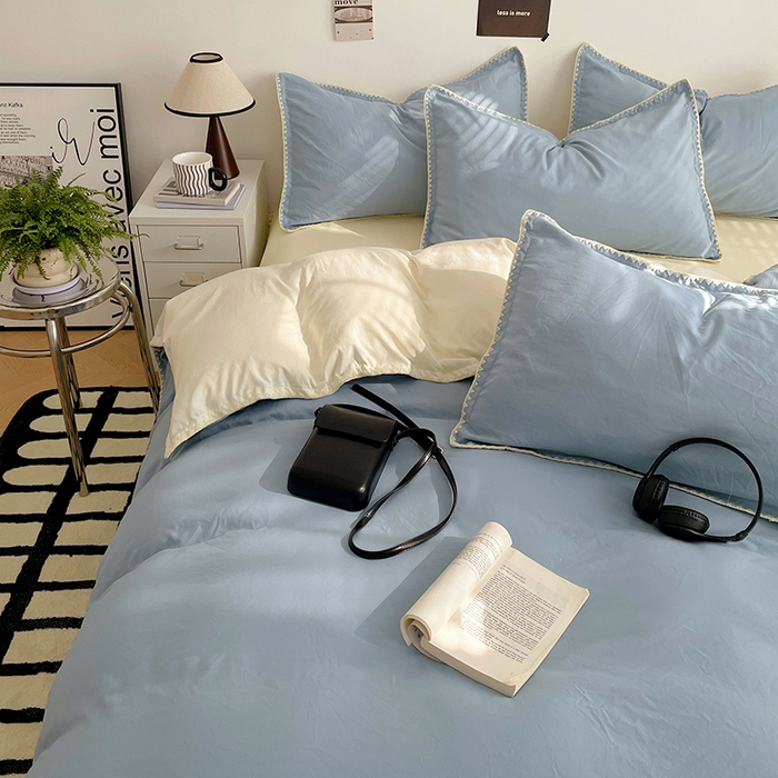 91家纺网 家纺一手货源 找家纺 思诺羽床笠 2025新款水洗棉贝壳边四件套系列 贝壳边-海盐蓝+奶油黄