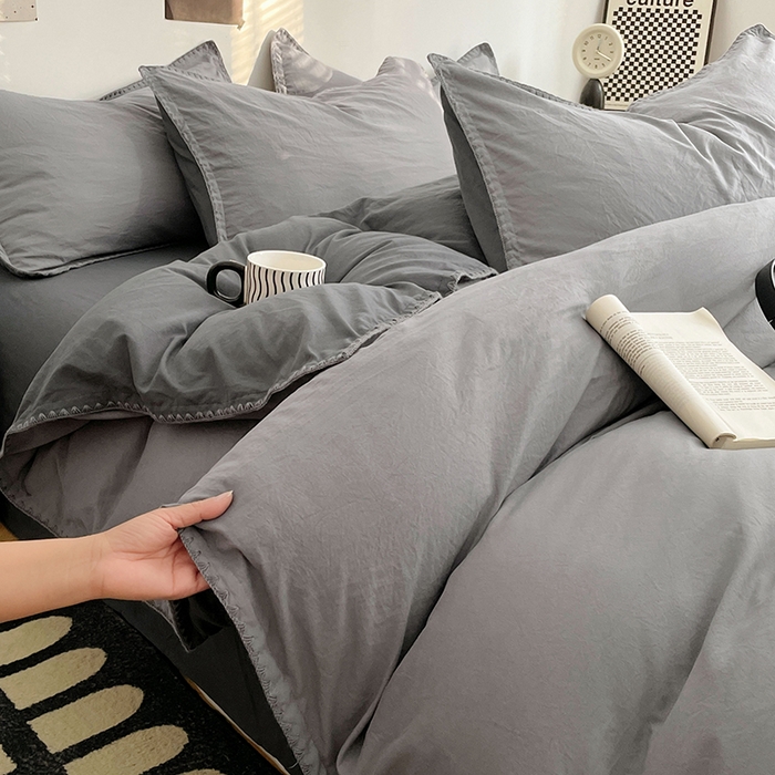 91家纺网 家纺一手货源 找家纺 思诺羽床笠 2025新款水洗棉贝壳边四件套系列 贝壳边+浅深灰