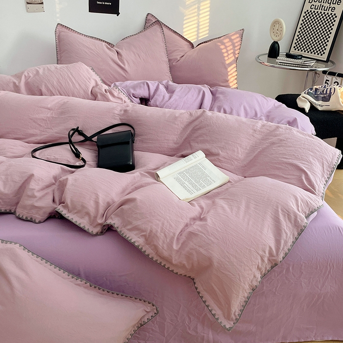 91家纺网 家纺一手货源 找家纺 思诺羽床笠 2025新款水洗棉贝壳边四件套系列 贝壳边-浅紫深紫