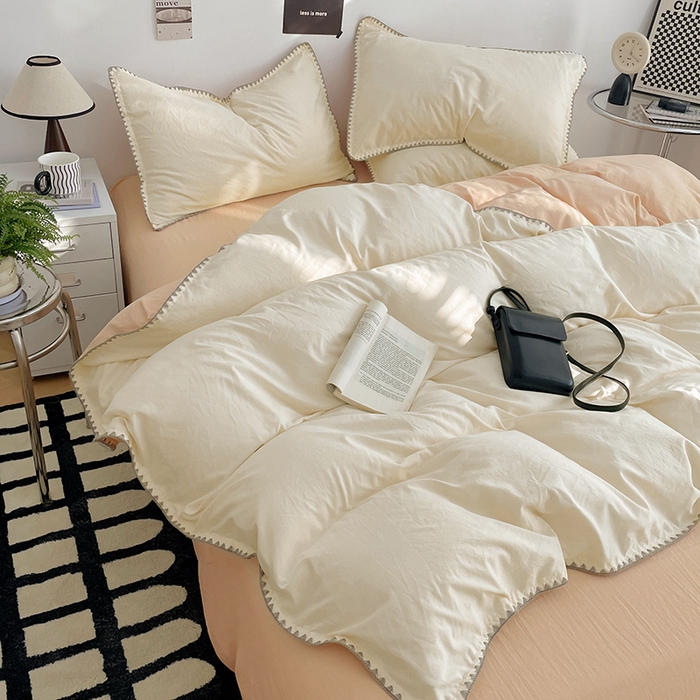 91家纺网 家纺一手货源 找家纺 思诺羽床笠 2025新款水洗棉贝壳边四件套系列 贝壳边-奶油黄+浅米咖