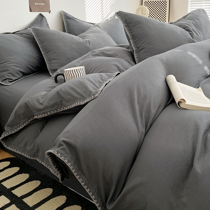 思诺羽床笠 2025新款水洗棉贝壳边四件套系列 贝壳边+布鲁灰