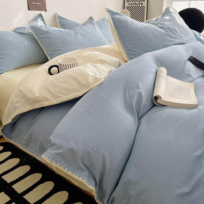 思诺羽床笠 2025新款水洗棉贝壳边四件套系列 贝壳边-海盐蓝+奶油黄