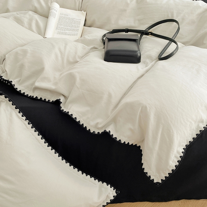 91家纺网 家纺一手货源 找家纺 思诺羽床笠 2025新款水洗棉贝壳边四件套系列 贝壳边+奶油白+暗夜灰