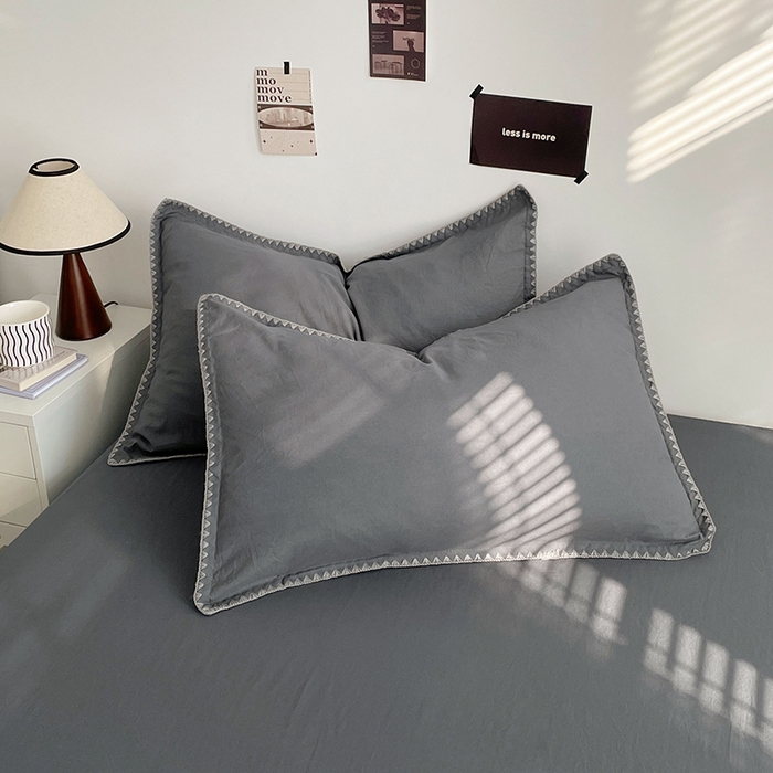 91家纺网 家纺一手货源 找家纺 思诺羽床笠 2025新款水洗棉贝壳边四件套系列 贝壳边+布鲁灰