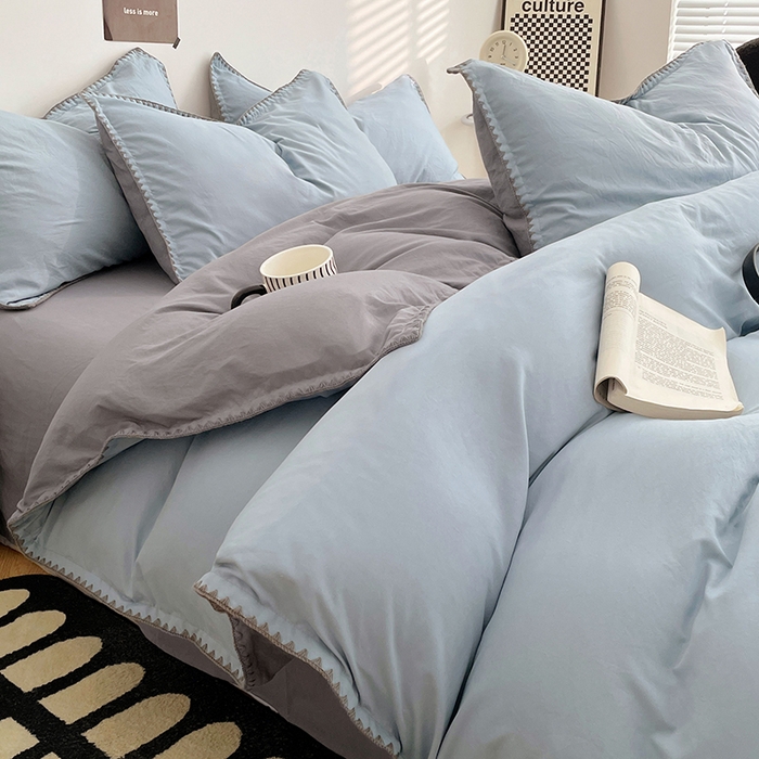 思诺羽床笠 2025新款水洗棉贝壳边四件套系列 贝壳边-海盐蓝+优雅灰