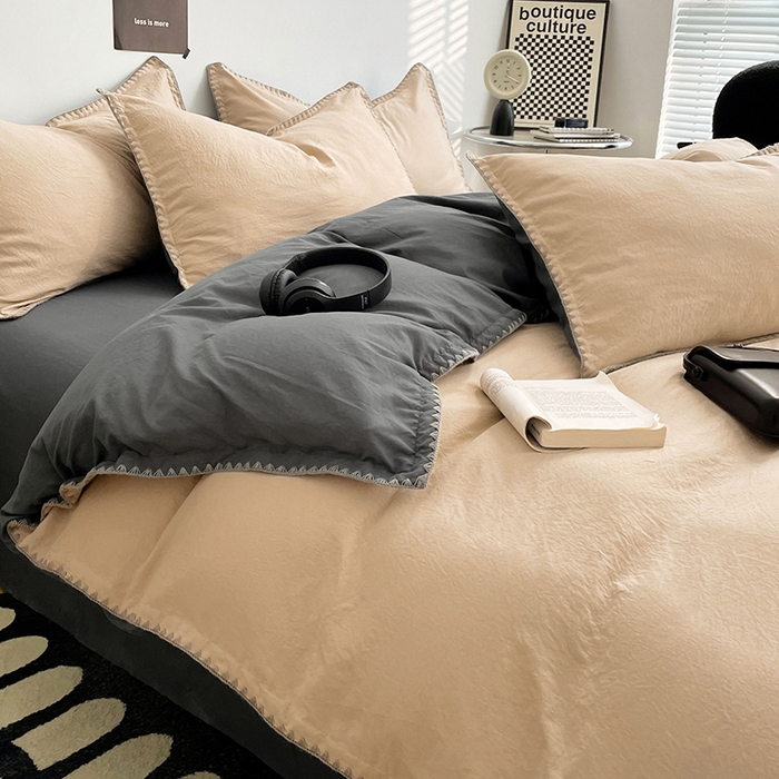 91家纺网 家纺一手货源 找家纺 思诺羽床笠 2025新款水洗棉贝壳边四件套系列 贝壳边+卡其深灰