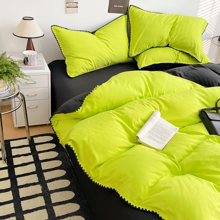 91家纺网 家纺一手货源 找家纺 思诺羽床笠 2025新款水洗棉贝壳边四件套系列 贝壳边+荧光绿+暗夜灰