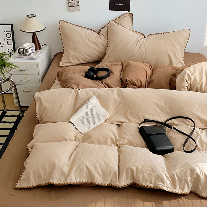 91家纺网 家纺一手货源 找家纺 思诺羽床笠 2025新款水洗棉贝壳边四件套系列 贝壳边+浅卡其+深咖