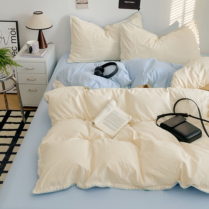 91家纺网 家纺一手货源 找家纺 思诺羽床笠 2025新款水洗棉贝壳边四件套系列 贝壳边+月光白+海盐蓝