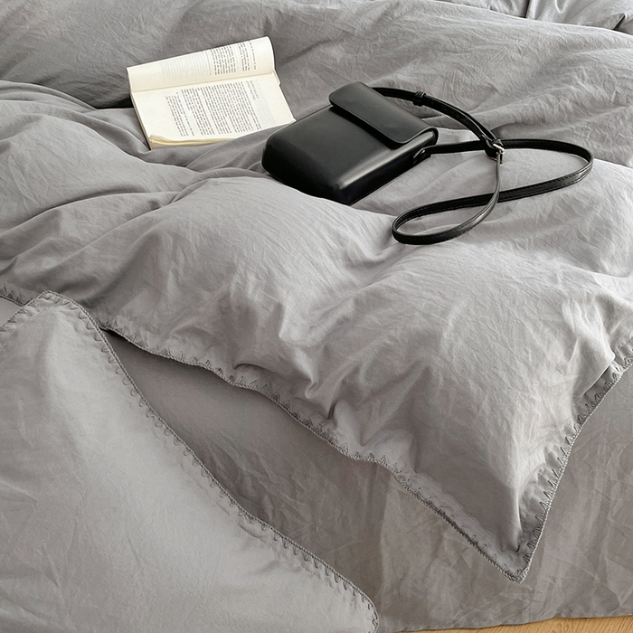 91家纺网 家纺一手货源 找家纺 思诺羽床笠 2025新款水洗棉贝壳边四件套系列 贝壳边+流光灰