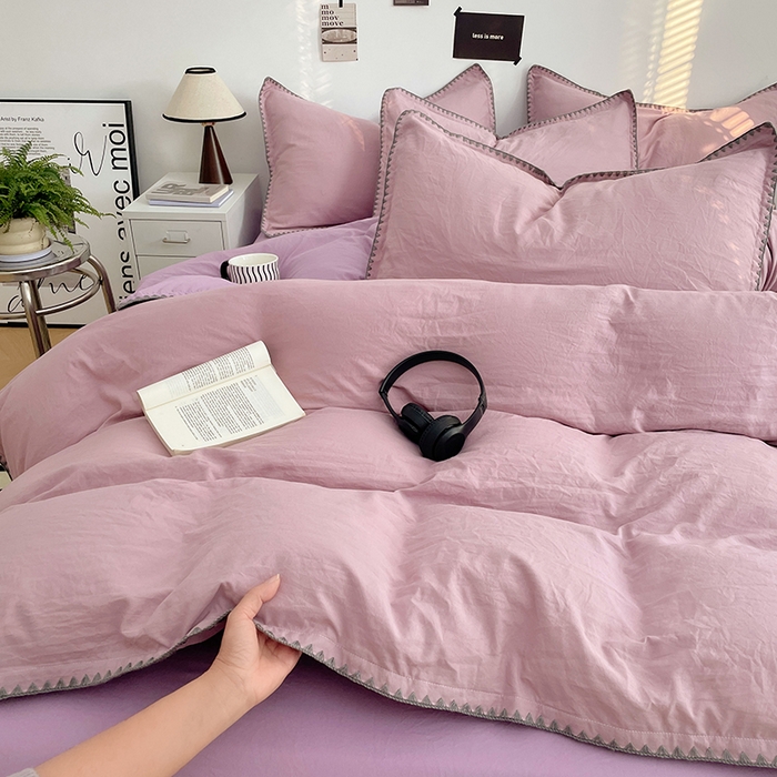 91家纺网 家纺一手货源 找家纺 思诺羽床笠 2025新款水洗棉贝壳边四件套系列 贝壳边-浅紫深紫