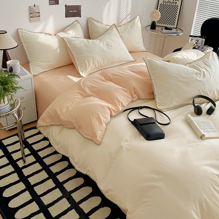 91家纺网 家纺一手货源 找家纺 思诺羽床笠 2025新款水洗棉贝壳边四件套系列 贝壳边-奶油黄+浅米咖