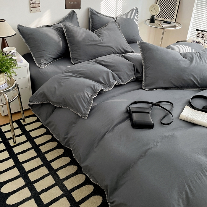 91家纺网 家纺一手货源 找家纺 思诺羽床笠 2025新款水洗棉贝壳边四件套系列 贝壳边+布鲁灰