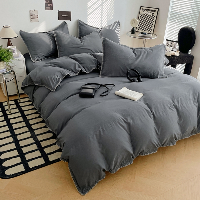 91家纺网 家纺一手货源 找家纺 思诺羽床笠 2025新款水洗棉贝壳边四件套系列 贝壳边+布鲁灰