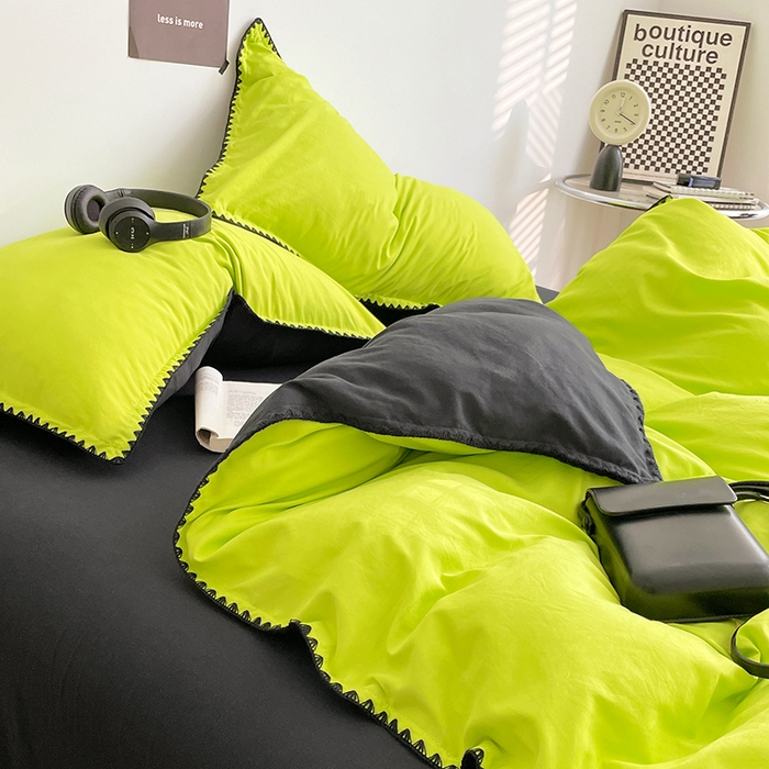 91家纺网 家纺一手货源 找家纺 思诺羽床笠 2025新款水洗棉贝壳边四件套系列 贝壳边+荧光绿+暗夜灰