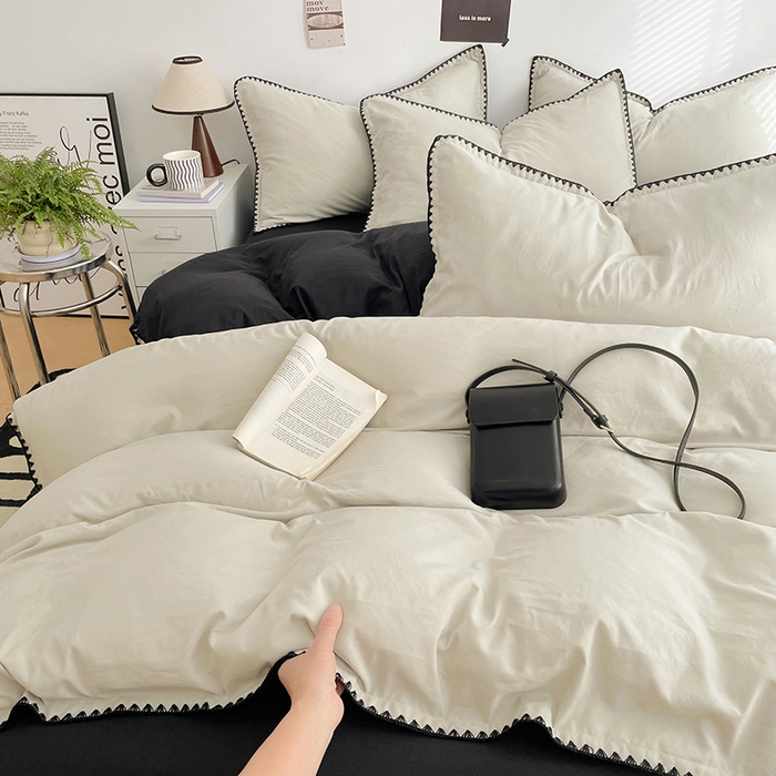 91家纺网 家纺一手货源 找家纺 思诺羽床笠 2025新款水洗棉贝壳边四件套系列 贝壳边+奶油白+暗夜灰