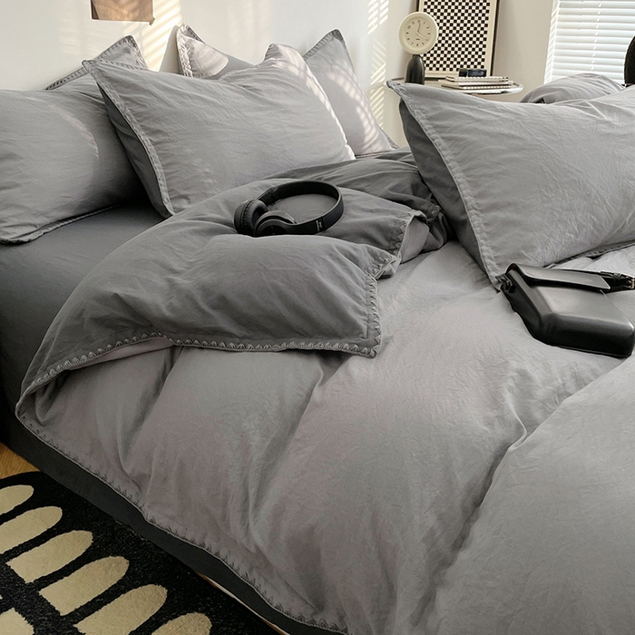 91家纺网 家纺一手货源 找家纺 思诺羽床笠 2025新款水洗棉贝壳边四件套系列 贝壳边+浅深灰