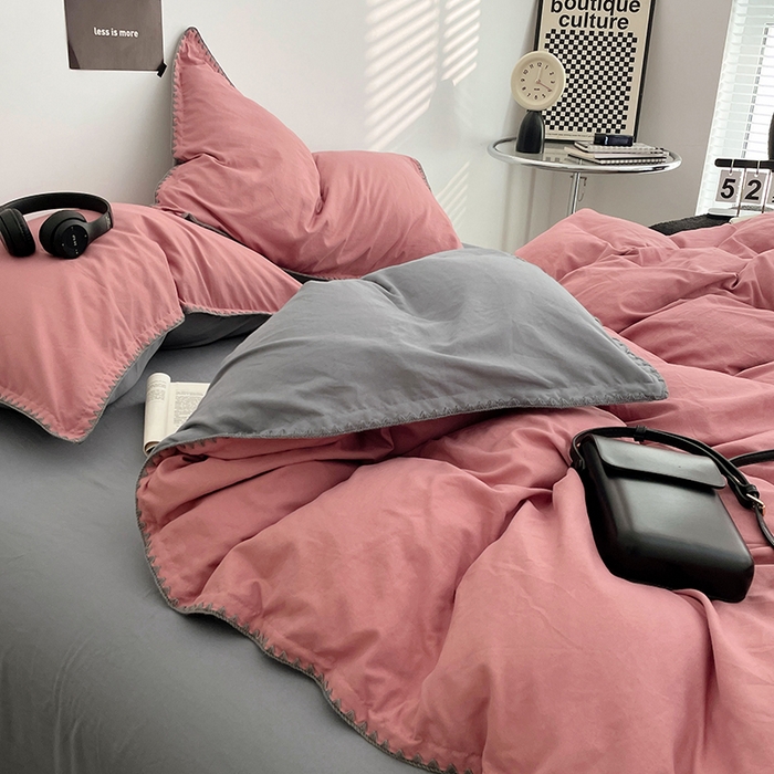 91家纺网 家纺一手货源 找家纺 思诺羽床笠 2025新款水洗棉贝壳边四件套系列 贝壳边-豆沙深灰