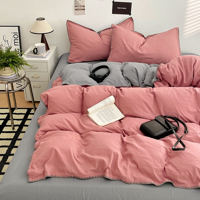 91家纺网 家纺一手货源 找家纺 思诺羽床笠 2025新款水洗棉贝壳边四件套系列 贝壳边-豆沙深灰