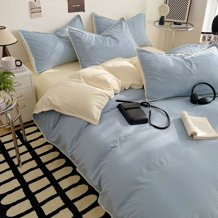 91家纺网 家纺一手货源 找家纺 思诺羽床笠 2025新款水洗棉贝壳边四件套系列 贝壳边-海盐蓝+奶油黄