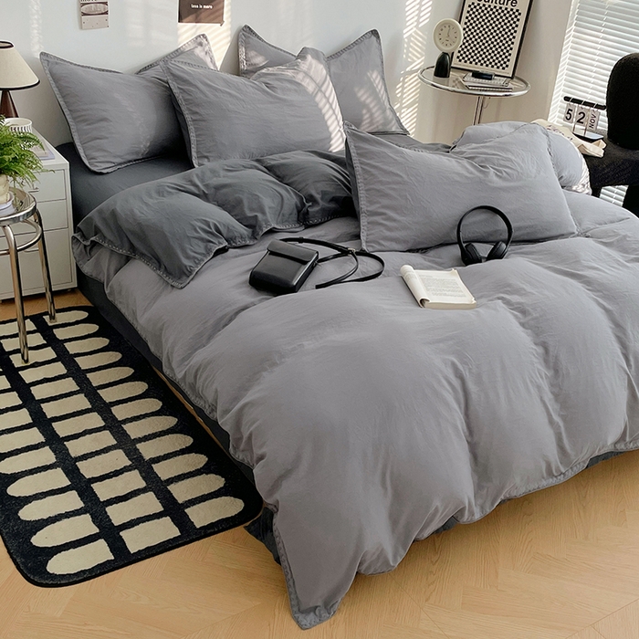 91家纺网 家纺一手货源 找家纺 思诺羽床笠 2025新款水洗棉贝壳边四件套系列 贝壳边+浅深灰