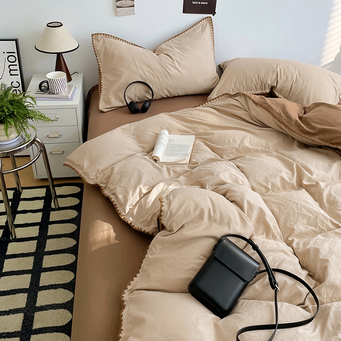 91家纺网 家纺一手货源 找家纺 思诺羽床笠 2025新款水洗棉贝壳边四件套系列 贝壳边+浅卡其+深咖