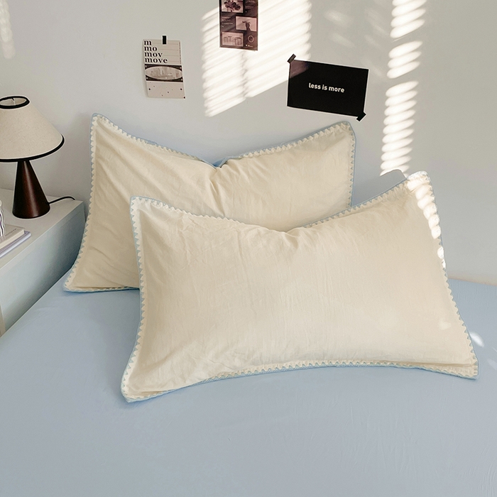 91家纺网 家纺一手货源 找家纺 思诺羽床笠 2025新款水洗棉贝壳边四件套系列 贝壳边+月光白+海盐蓝