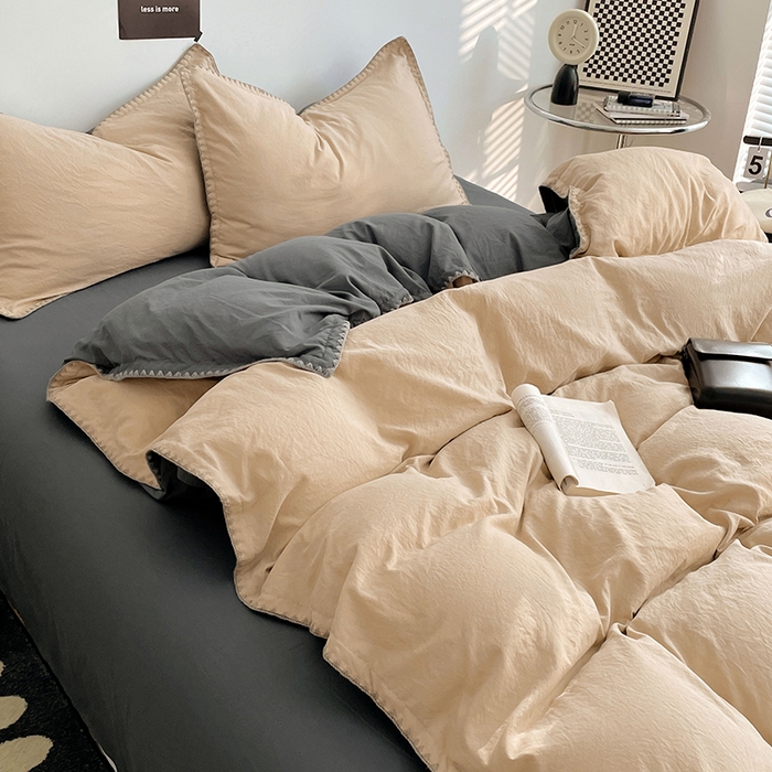 91家纺网 家纺一手货源 找家纺 思诺羽床笠 2025新款水洗棉贝壳边四件套系列 贝壳边+卡其深灰