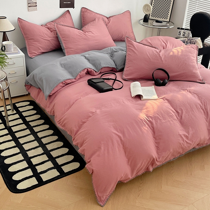 91家纺网 家纺一手货源 找家纺 思诺羽床笠 2025新款水洗棉贝壳边四件套系列 贝壳边-豆沙深灰