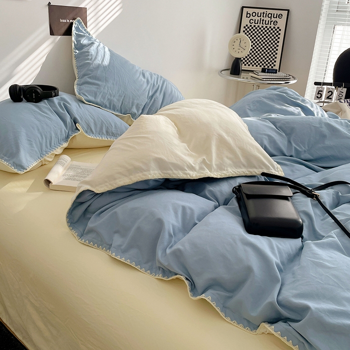 91家纺网 家纺一手货源 找家纺 思诺羽床笠 2025新款水洗棉贝壳边四件套系列 贝壳边-海盐蓝+奶油黄