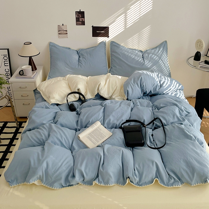 91家纺网 家纺一手货源 找家纺 思诺羽床笠 2025新款水洗棉贝壳边四件套系列 贝壳边-海盐蓝+奶油黄