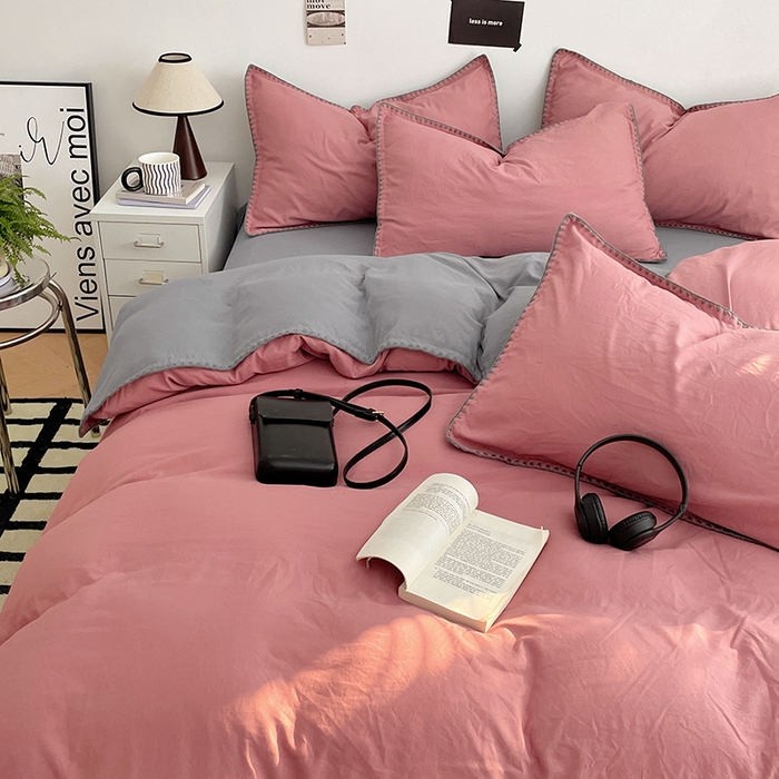 91家纺网 家纺一手货源 找家纺 思诺羽床笠 2025新款水洗棉贝壳边四件套系列 贝壳边-豆沙深灰