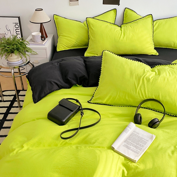 91家纺网 家纺一手货源 找家纺 思诺羽床笠 2025新款水洗棉贝壳边四件套系列 贝壳边+荧光绿+暗夜灰