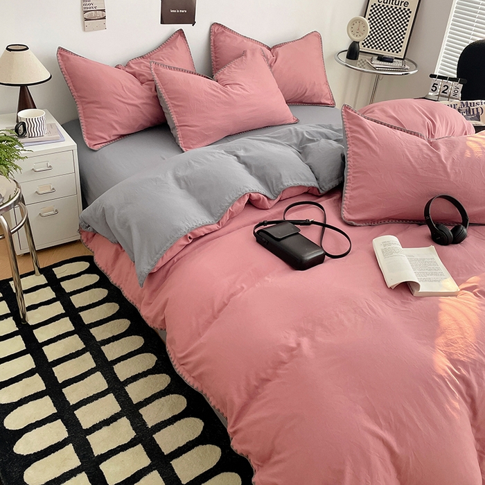 91家纺网 家纺一手货源 找家纺 思诺羽床笠 2025新款水洗棉贝壳边四件套系列 贝壳边-豆沙深灰