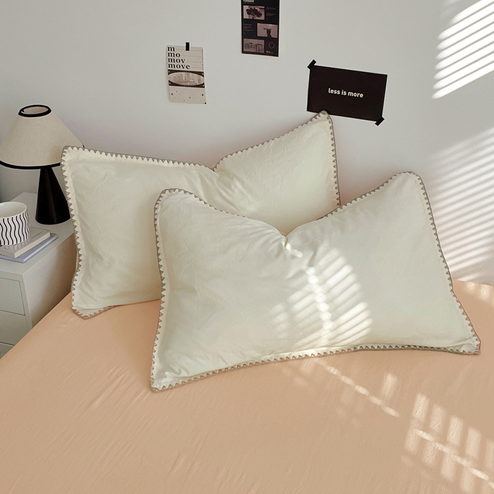 91家纺网 家纺一手货源 找家纺 思诺羽床笠 2025新款水洗棉贝壳边四件套系列 贝壳边-奶油黄+浅米咖