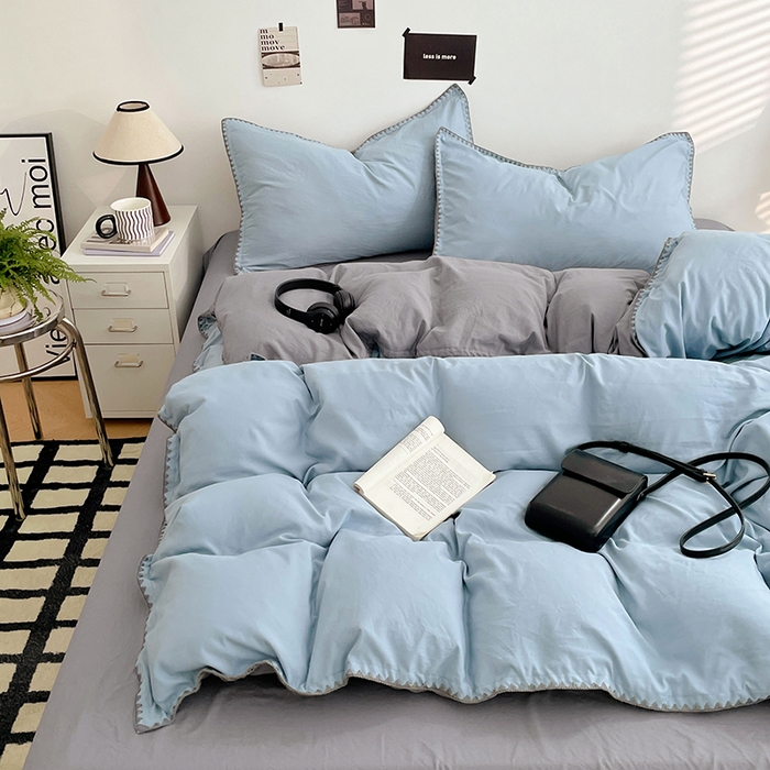 91家纺网 家纺一手货源 找家纺 思诺羽床笠 2025新款水洗棉贝壳边四件套系列 贝壳边-海盐蓝+优雅灰