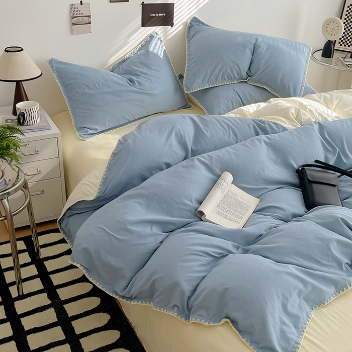 91家纺网 家纺一手货源 找家纺 思诺羽床笠 2025新款水洗棉贝壳边四件套系列 贝壳边-海盐蓝+奶油黄